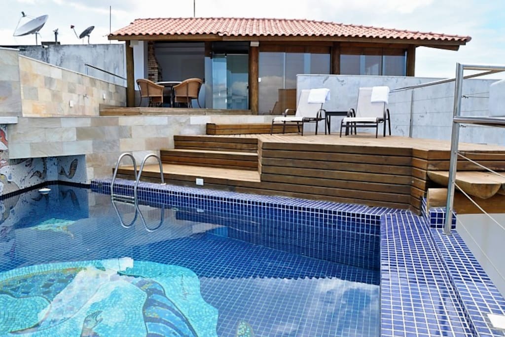 View from pool toward 12th floor decks and living room