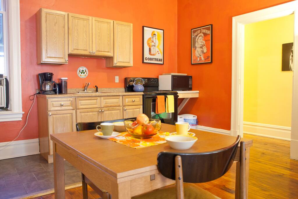 Spacious kitchen with all the amenities you'll need. Including a Kitchenaid Mixer! (It's true ... one of our guests baked a wedding cake in this unit!)