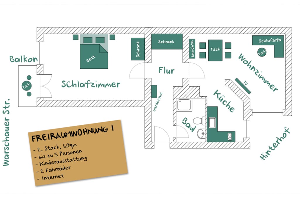 FREIRAUMWOHNUNG I: Grundriss / 2 Zimmer, Küche, Duschbad, Balkon / 60 qm / Aufzug