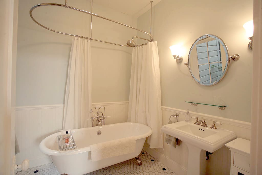 Your private bath has a "rain" shower-head over a clawfoot tub.